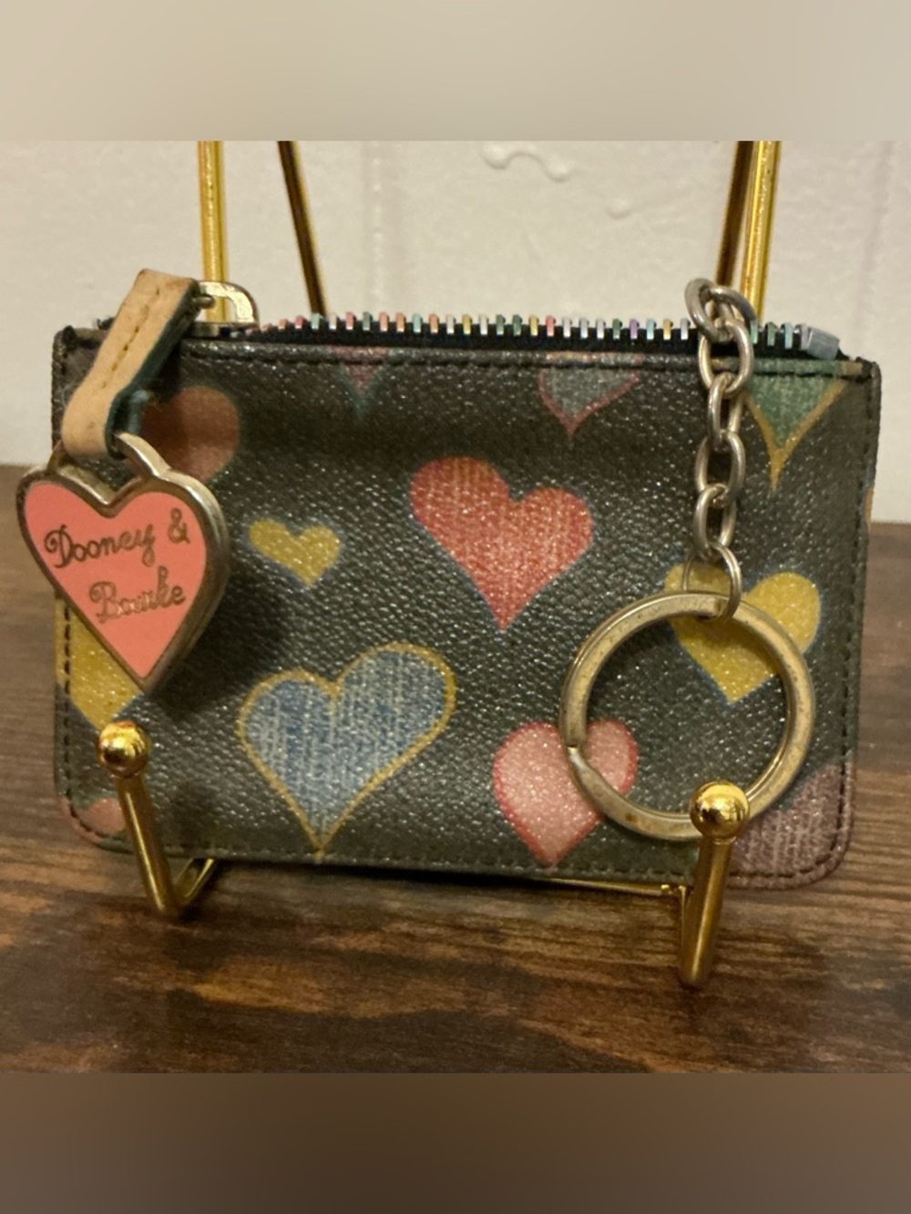 Rare Vintage Dooney & Bourke Rainbow Hearts Y2K Zip Coin Purse Keychain Wallet